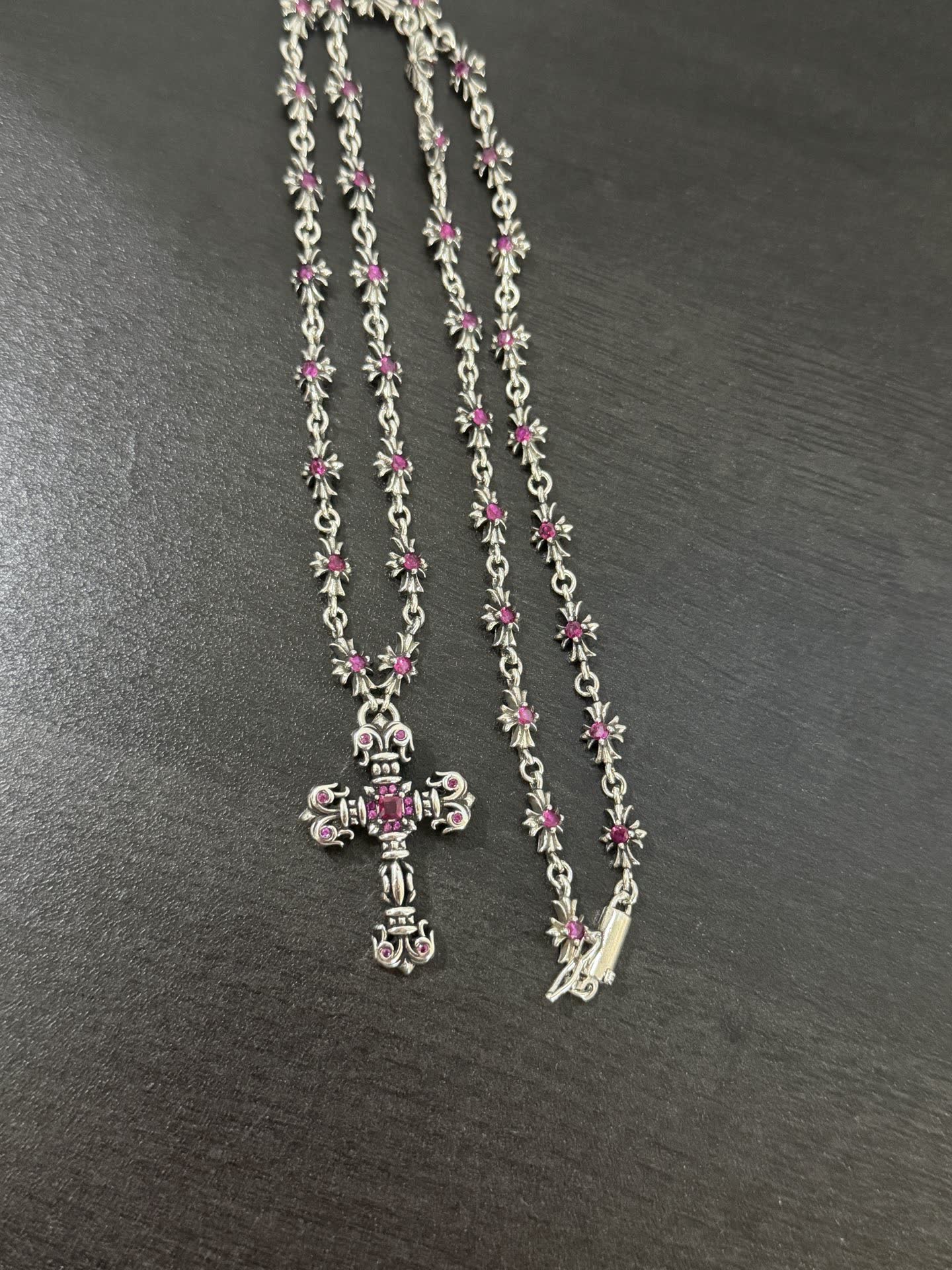 Chrome Hearts Silver Cross Pendant with Pink Stones